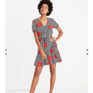 Madewell Black and White Striped Midi Dress with Red Floral Accents
